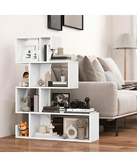 2 Pcs S-shaped Bookshelf Freestanding Stepped Etagere Bookcase with Anti-tipping Kits
