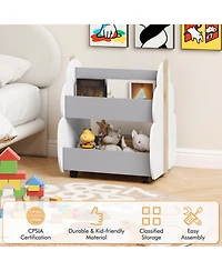 Kids Wooden Bookshelf with Wheels 2-Tier Toy Storage Shelf Double-sided Bookcase