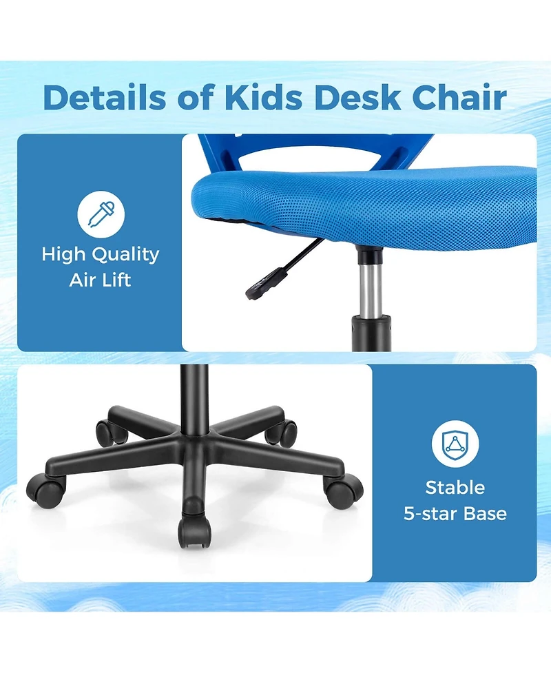 Height-adjustable Ergonomic Kids Desk Chair with Universal Casters Working