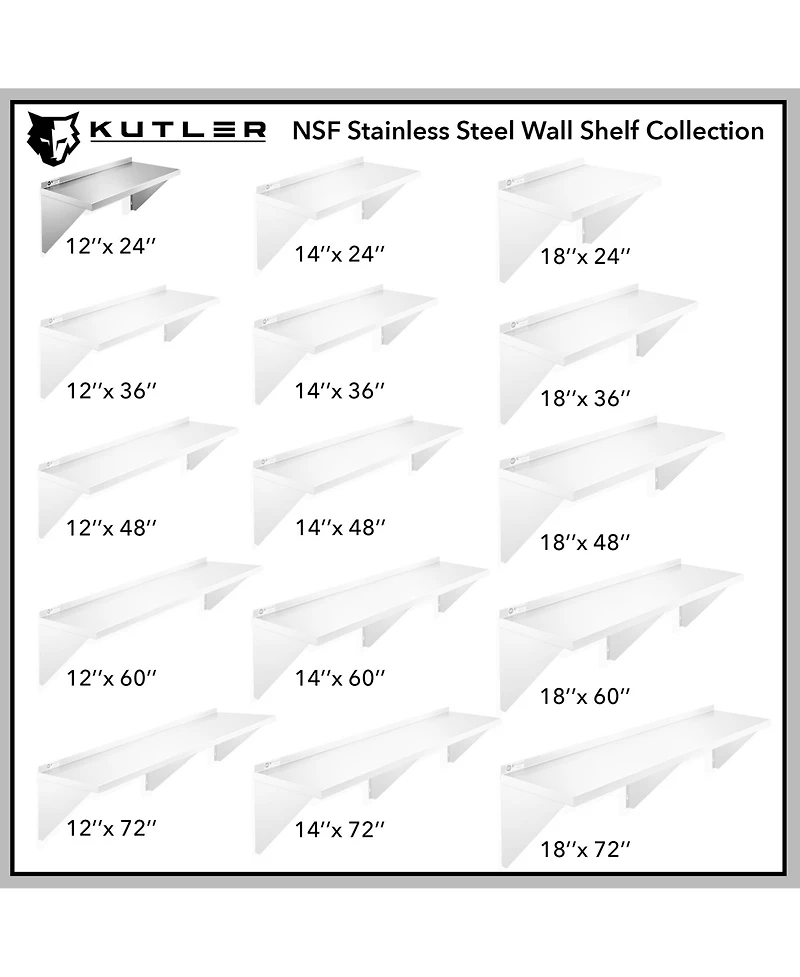 Kutler 12" x 24" Stainless Steel Shelf, Nsf Commercial Wall Mount Shelving w/ Backsplash, Floating Metal Mounted Shelves for Restaurant, Kit