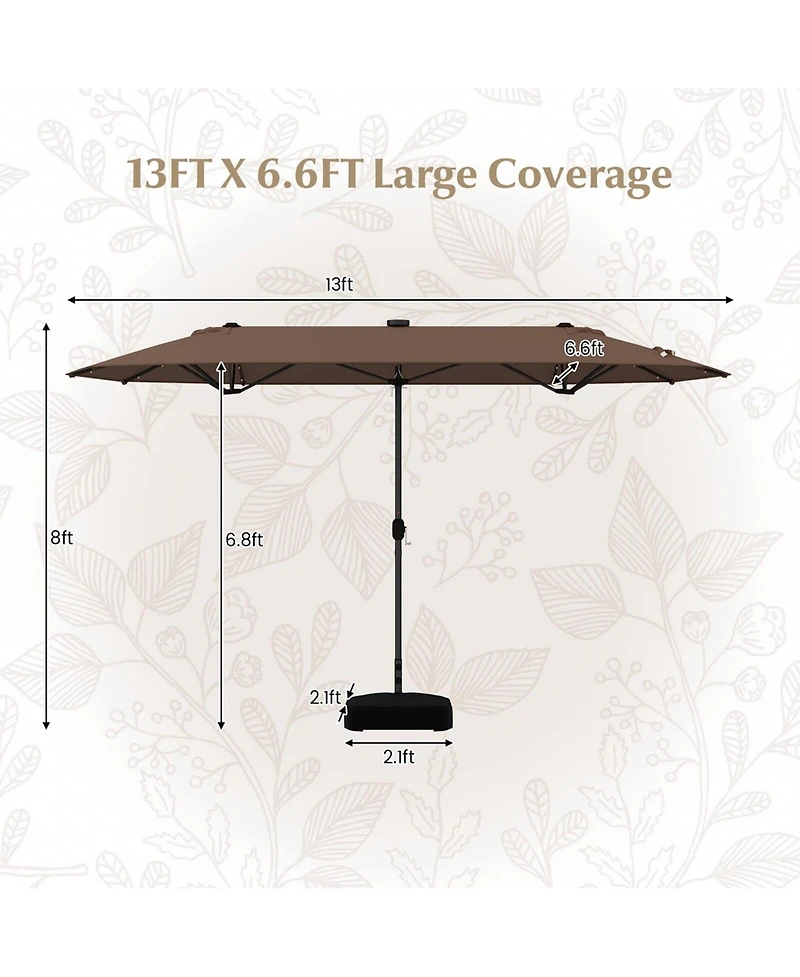 13FT Double-sided Patio Umbrella with Solar Lights Crank Handle Base