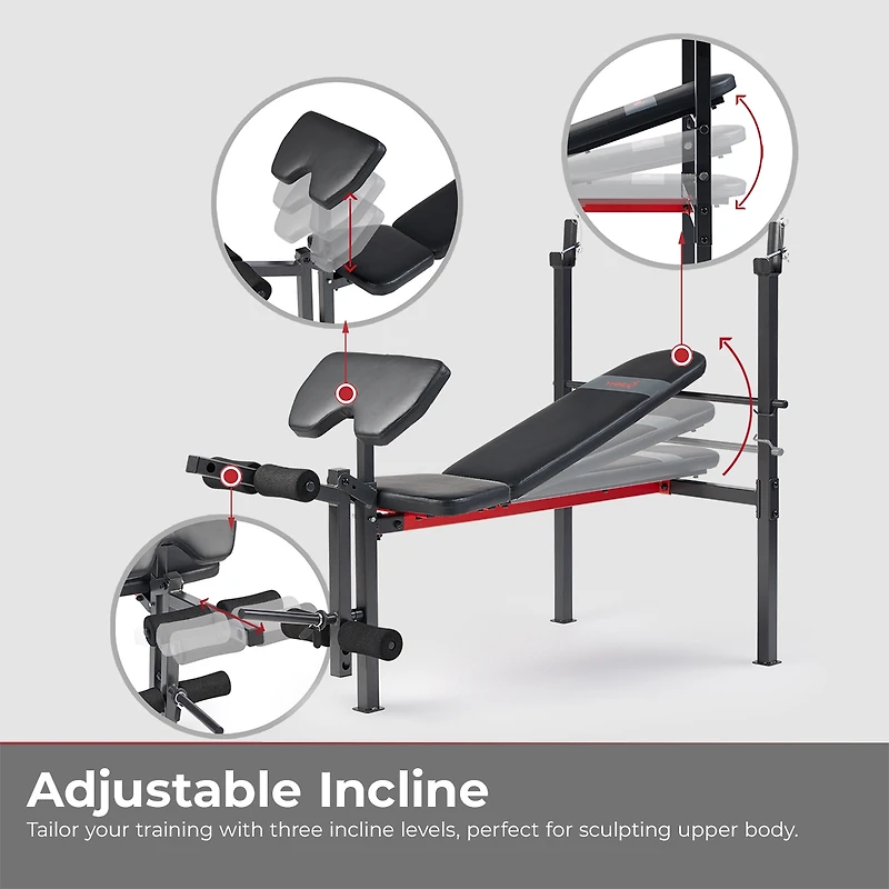 Sunny Health & Fitness Adjustable Standard Incline Weight Bench with Leg Developer and Preacher Curl Attachment, Up to 630LBs Support