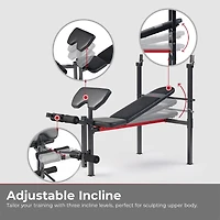 Sunny Health & Fitness Adjustable Standard Incline Weight Bench with Leg Developer and Preacher Curl Attachment, Up to 630LBs Support