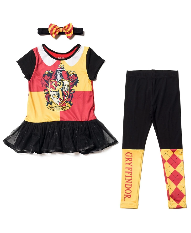 Harry Potter Little Girls Gryffindor Ravenclaw Cosplay T-Shirt Dress Leggings and Headband 3 Piece Outfit Set to