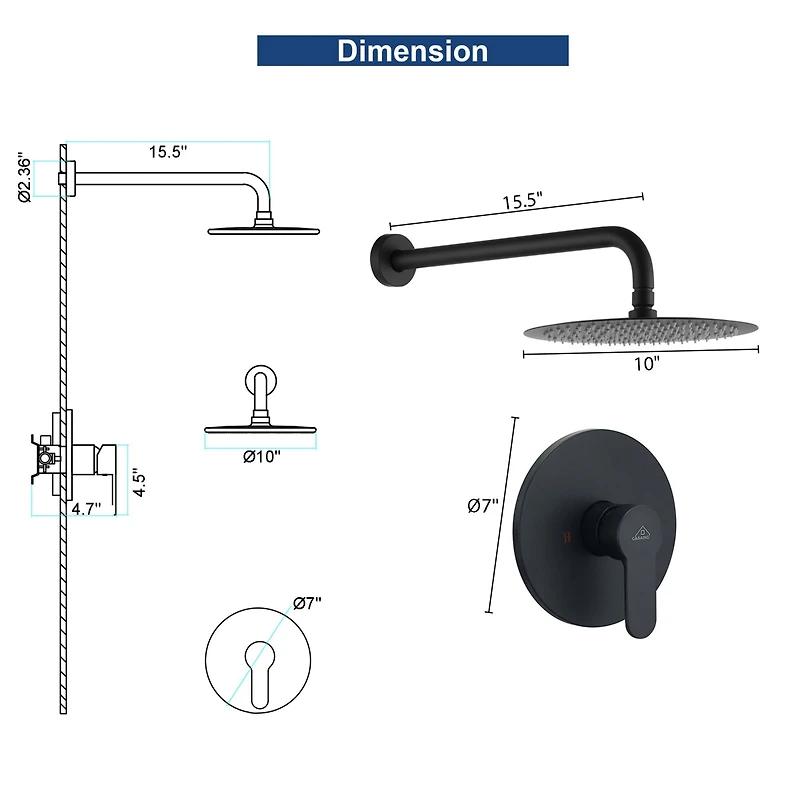 Mondawe 10Inch Wall Mount Round Shower Faucet Rain System