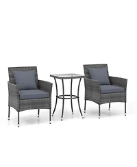 3 Pcs Patio Furniture Set witn Cushioned Chairs & Tempered Glass Coffee Table