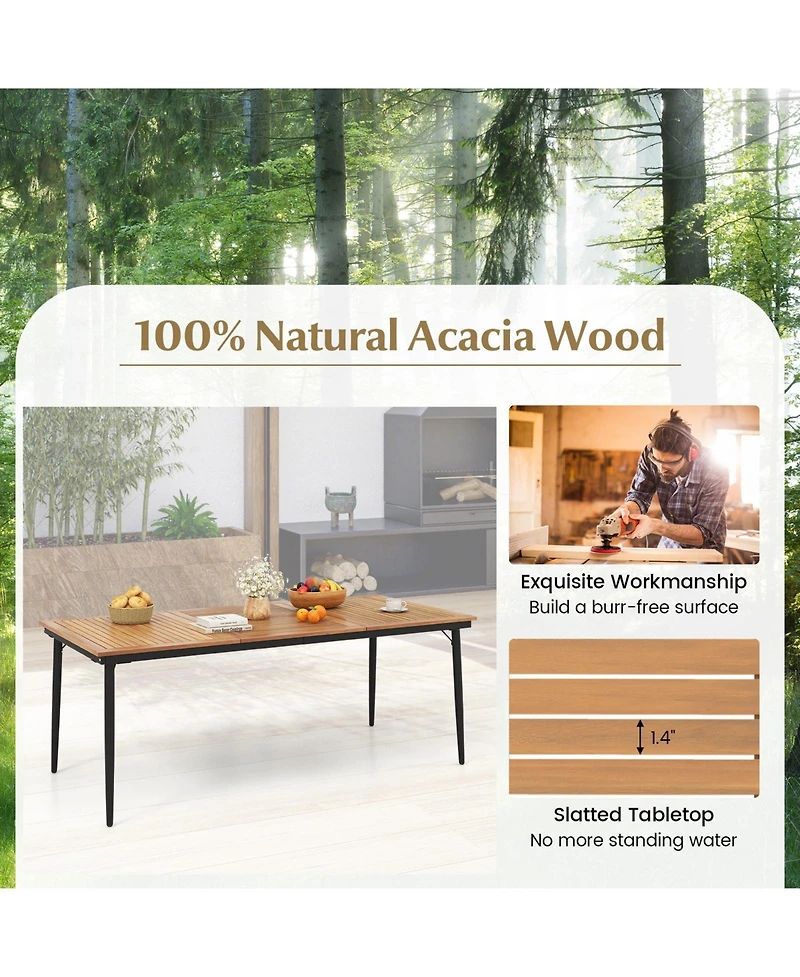 Sugift 79 Inch Acacia Wood Outdoor Dining Table for 8 with 1.9 Inch Umbrella Hole