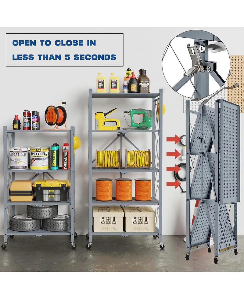 Sugift 4-Tier Folding Storage Shelves Metal Folding Shelves with Wheels, 600Lbs Capacity, Grey