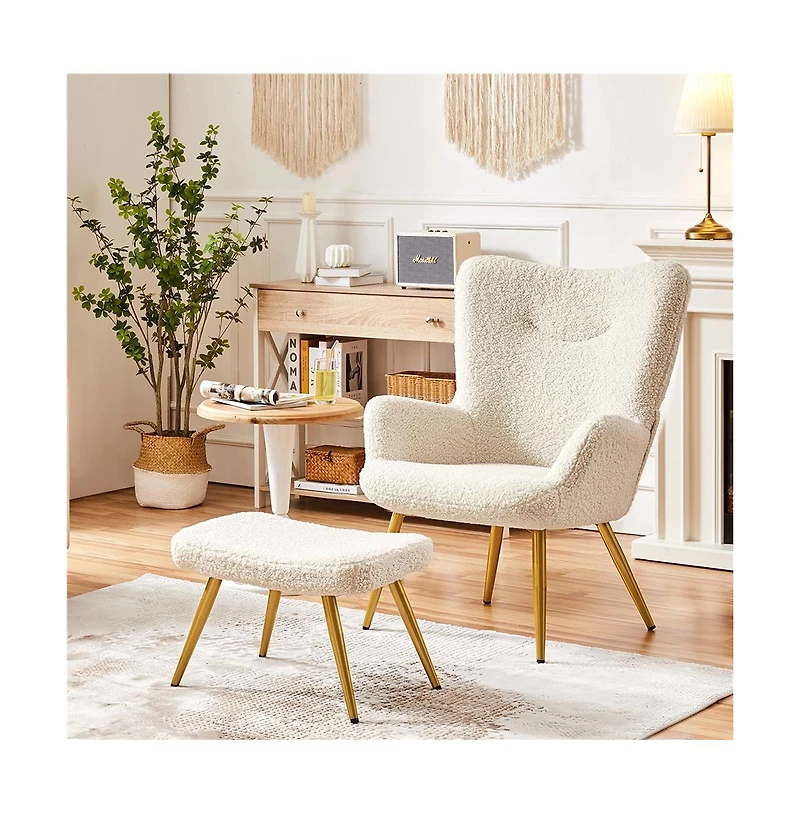 Yaheetech Boucle Accent Chair and Ottoman Set with Golden Metal Legs