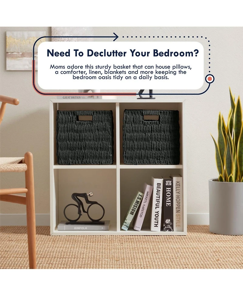 Ornavo Home Collapsible Paper Wicker 13 Inch Square Storage Cube Bin Basket - 2 Pack