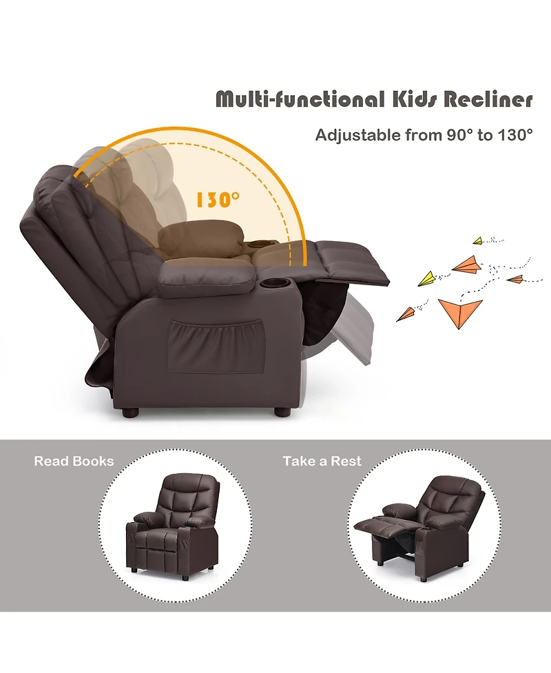 Kids Youth Recliner Chair Pu Leather w/Cup Holders & Side Pockets