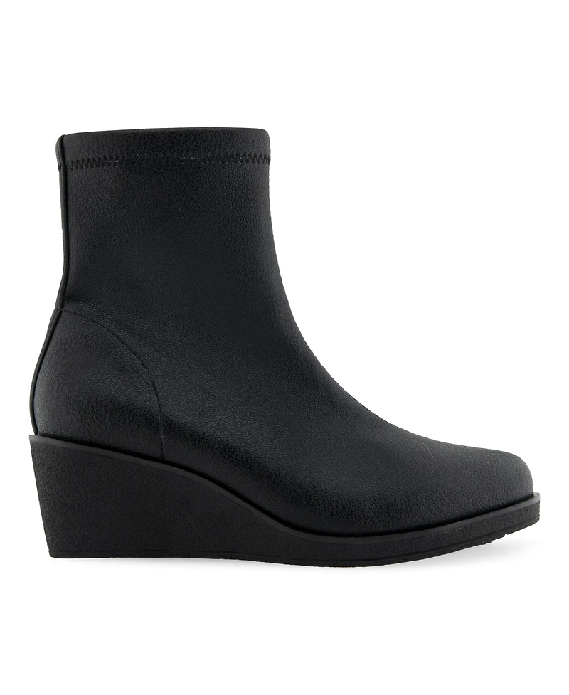 Aerosoles Women's Binnie Wedge Heel Booties - Black Stretch Pebbled Faux Leather