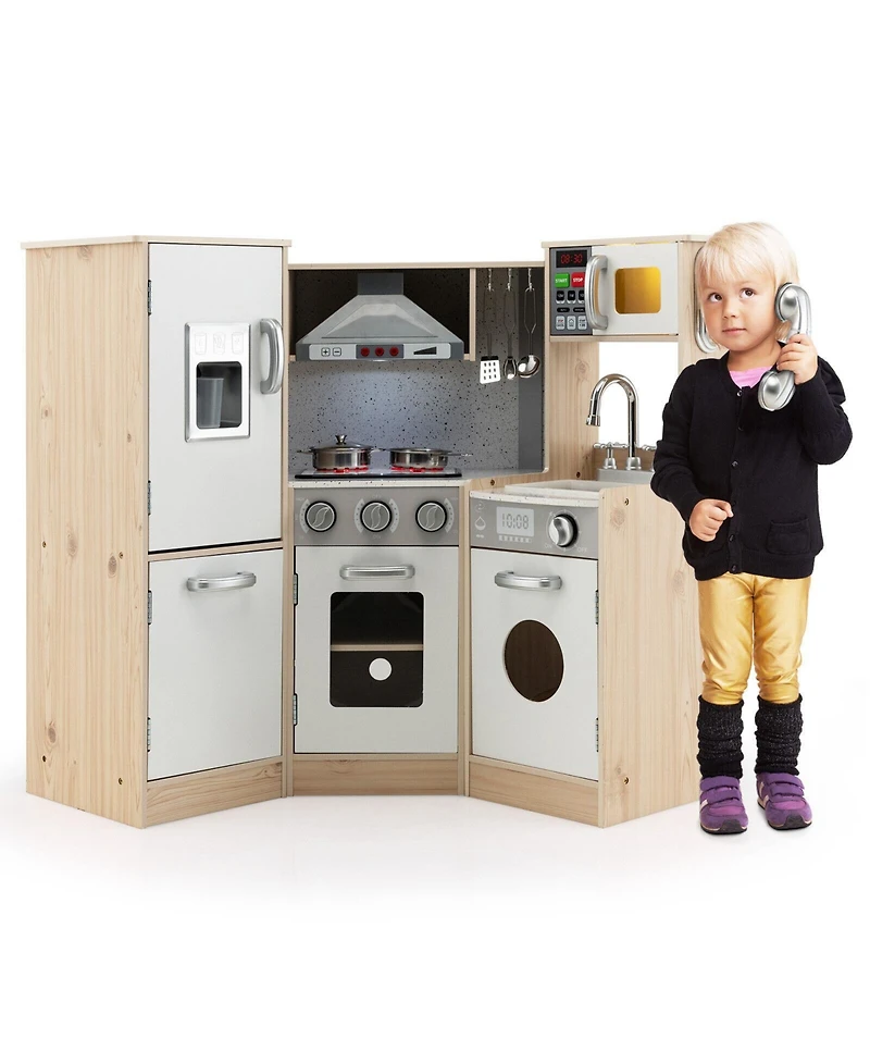 Gymax Kids Corner Wooden Kitchen Playset Pretend Cooking Toy w/ Cookware Accessories