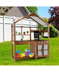 Kid's Mud Kitchen Outdoor Solid Wood Mud Kitchen with Canopy-Natural