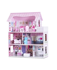 Gymax 28'' Pink Dollhouse w/ Furniture Gliding Elevator Rooms 3 Levels Young Girls Toy