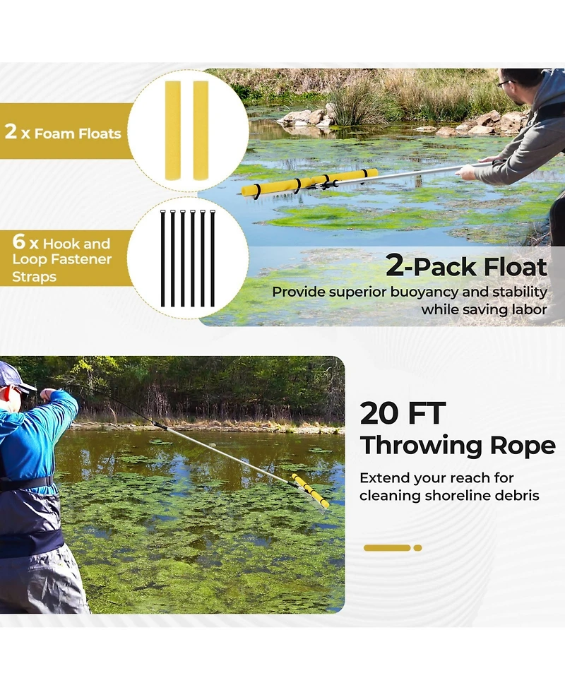 Sugift Floating Weed Lake Rake 36” Aquatic Pond Weed Cutter with Foam Floats