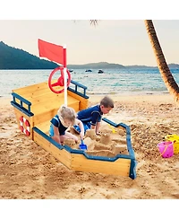 Kids Pirate Boat Wooden Sandbox Children Outdoor Playset