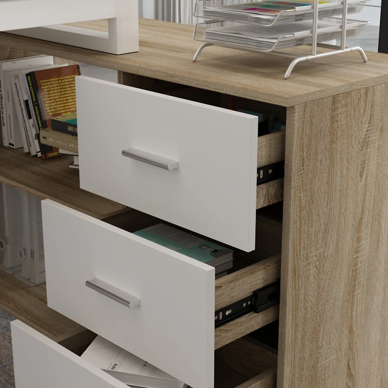 Famapy 55.1 in. L-Shaped Brown Wood Computer Desk Writing Office Executive W/Removable Tabletop, Shelves, 3-Drawers