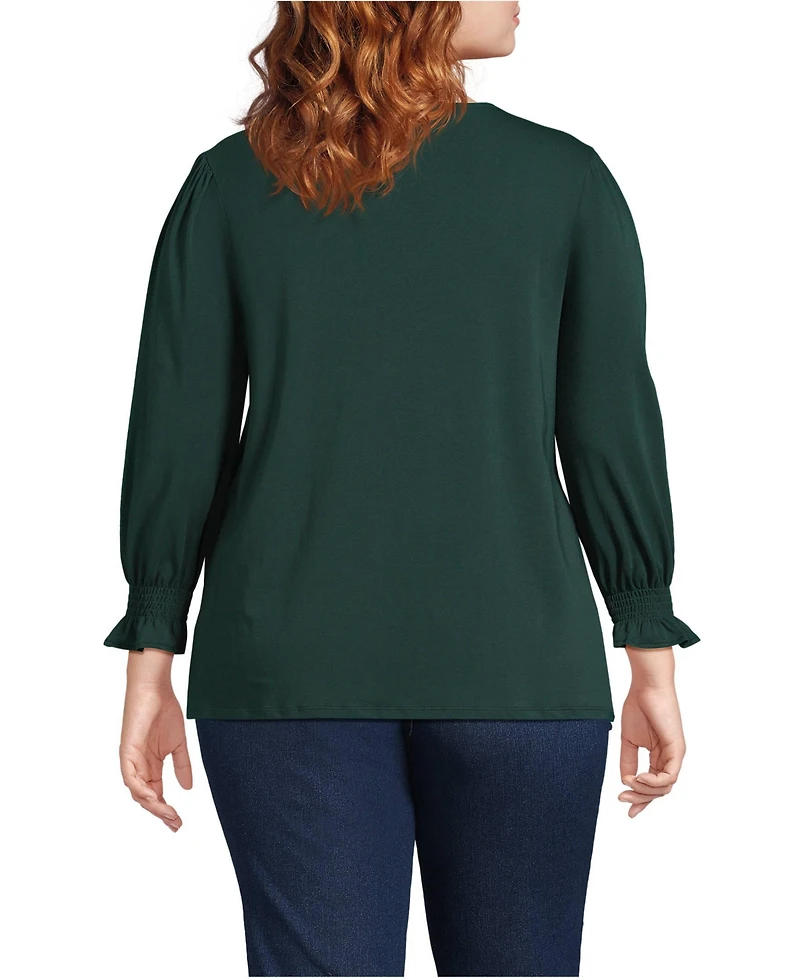 Lands' End Women's Plus 3/4 Sleeve Lightweight Jersey Button Front Top