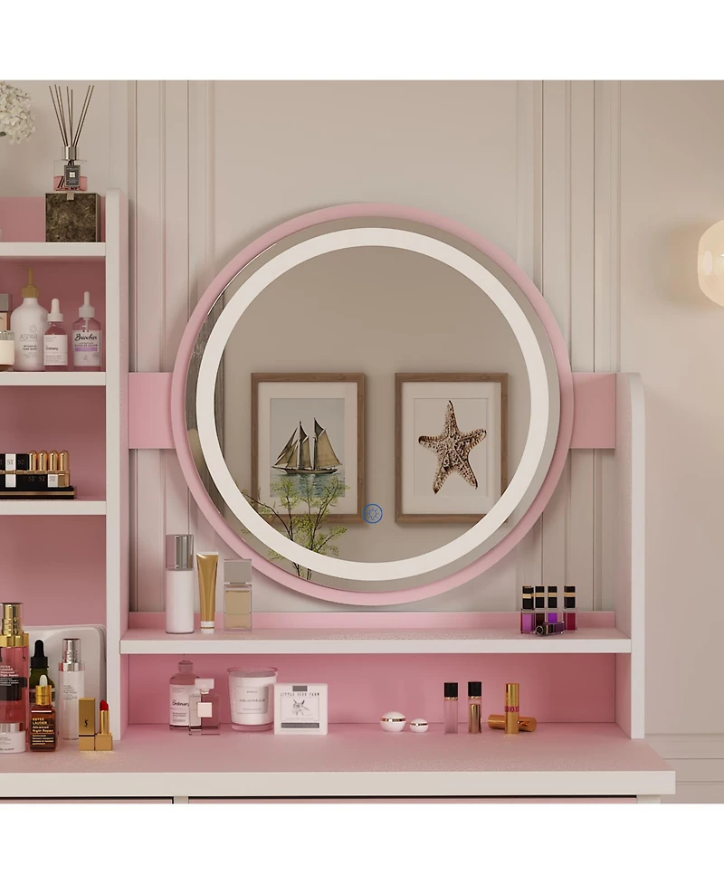 Famapy Light Mirror 5-Drawers White Makeup Vanity Set Dressing Desk