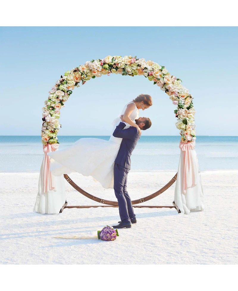 7.4 Ft Round Wedding Arch Wooden Arbor Backdrop Stand with Triangular-Shaped Base