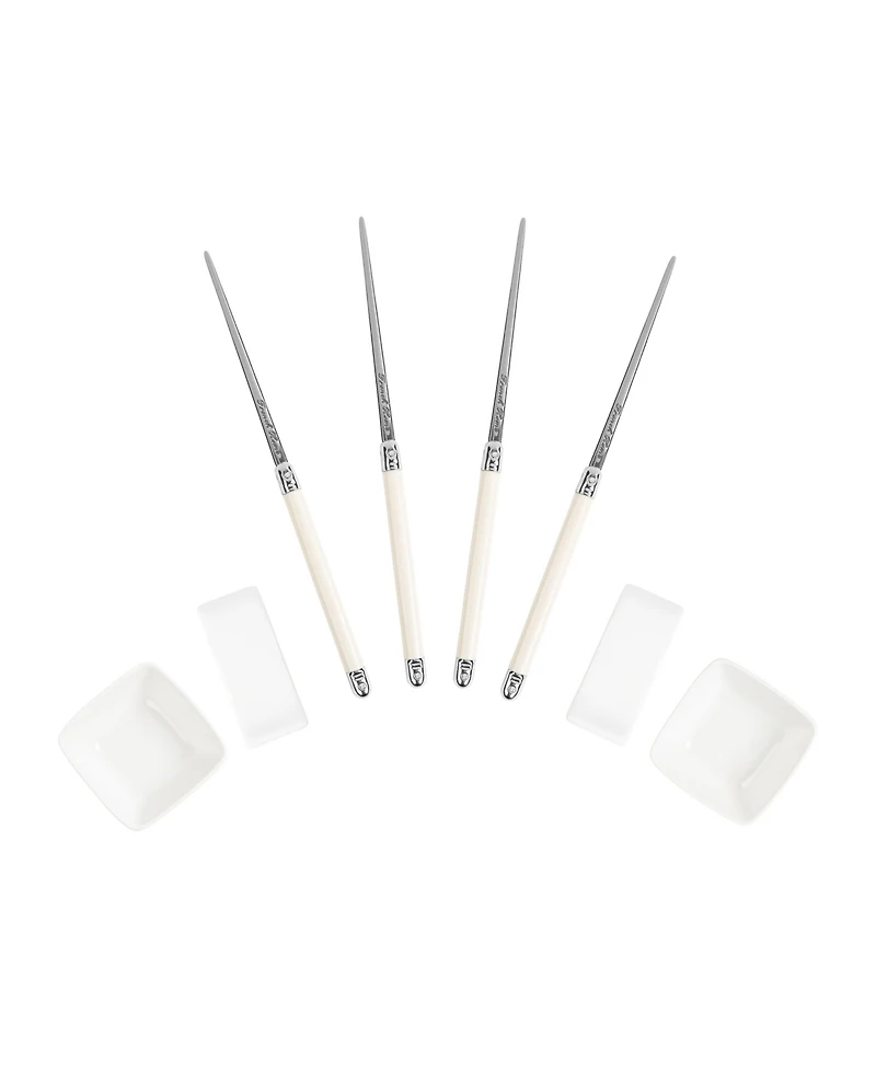 French Home Chopsticks with Faux Ivory Handles, Ceramic Rests and Sauce Bowls, Set of 2 Pairs
