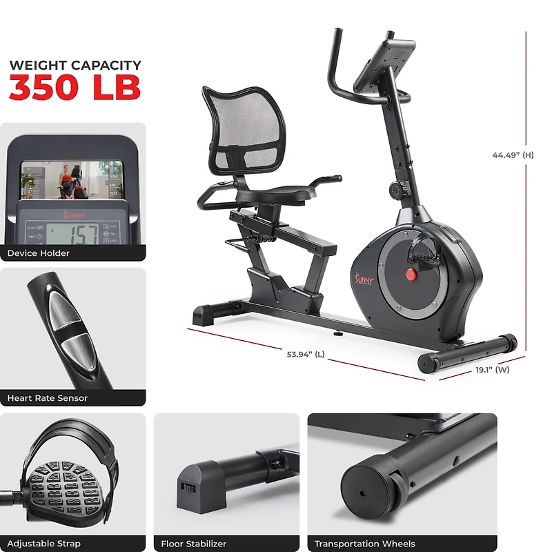 Sunny Health & Fitness Smart Recumbent Bike Exercise Machine, 350LB Capacity, with Exclusive SunnyFit App Bluetooth Link
