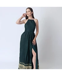 Raas Women's Green Silk Maxi Dress with Golden Weaving Border