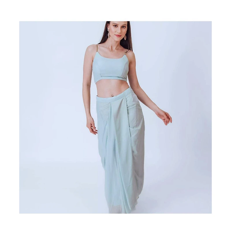 Raas Women's Sky Blue Shimmery Pleated Dhoti Skirt and Embellished Blouse Set