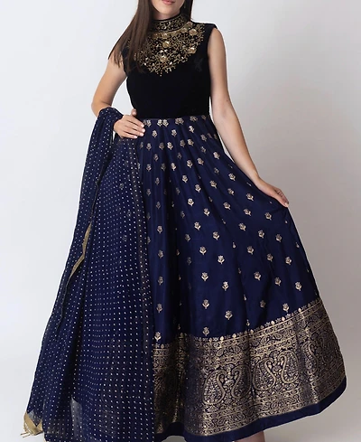 Raas Women's Blue Anarkali Gown with Sequins and Cutdana Handwork on the Torso Banarasi Jacquard Bottom