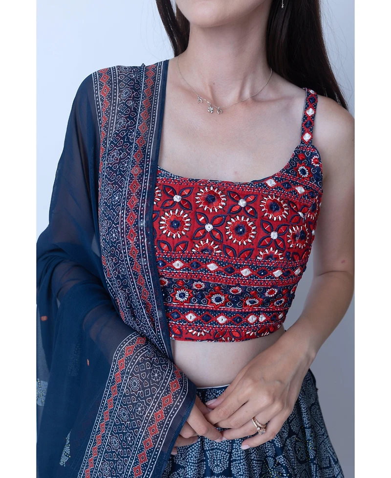 Raas Women's Blue and Red Bandhani Ajrakh Print Lehenga Choli