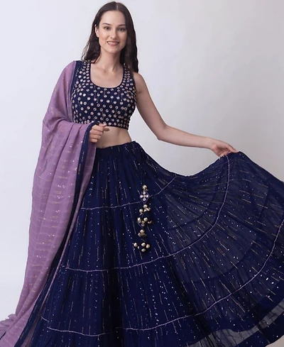 Raas Women's Navy Blue Lehenga Choli Set with Tiered Skirt and Mirror Work Blouse