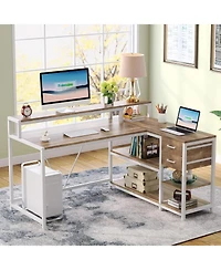 Tribesigns 55-inches Reversible L Shaped Desk with Drawer, Modern White Corner Home Office Table, Wooden and Metal Pc
