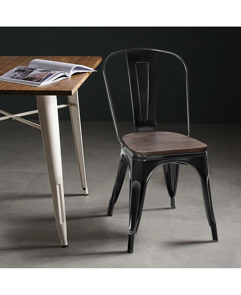 Sugift 18 Inch Set of 4 Stackable Metal Dining Chair with Wood Seat