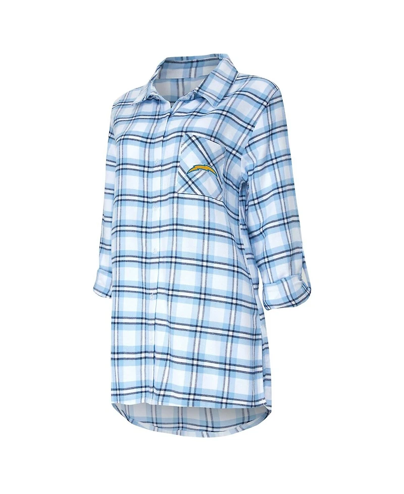 Concepts Sport Women's Powder Blue Los Angeles Chargers Sienna Plaid Full-Button Long Sleeve Nightshirt