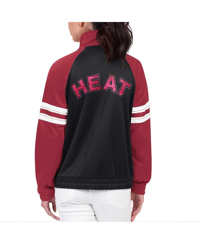 G-iii 4Her by Carl Banks Women's Black Miami Heat Main Player Raglan Rhinestone Full-Zip Track Jacket