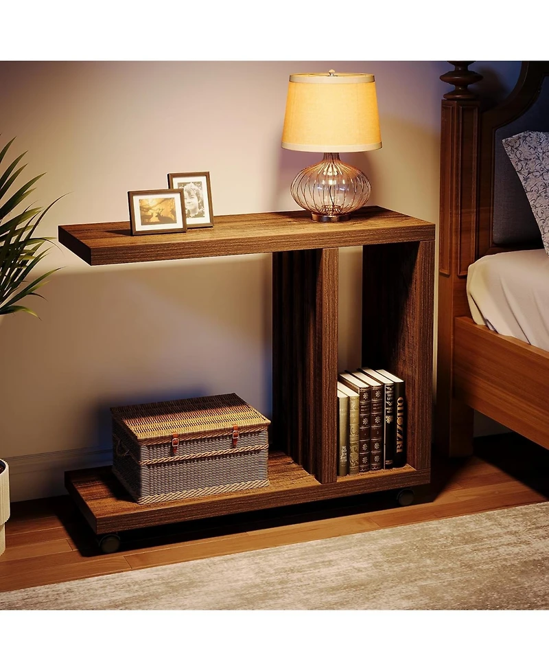 Tribesigns C-Shaped End Table, 2-Tier Side Table for Couch and Bed, Small Couch Table with Lockable Wheels, Wood Bedside Table for Living Room, Bedroo