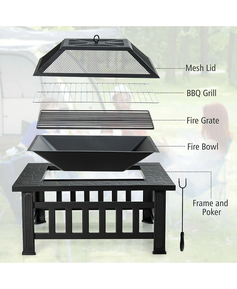 Skonyon 32 Inch 3 in 1 Outdoor Square Fire Pit Table with Bbq Grill and Rain Cover for Camping