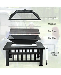 Skonyon 32 Inch 3 in 1 Outdoor Square Fire Pit Table with Bbq Grill and Rain Cover for Camping