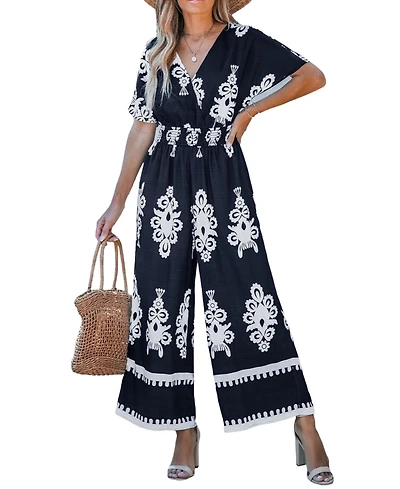 Cupshe Women's Navy Smocked Waist Wide Leg Jumpsuit
