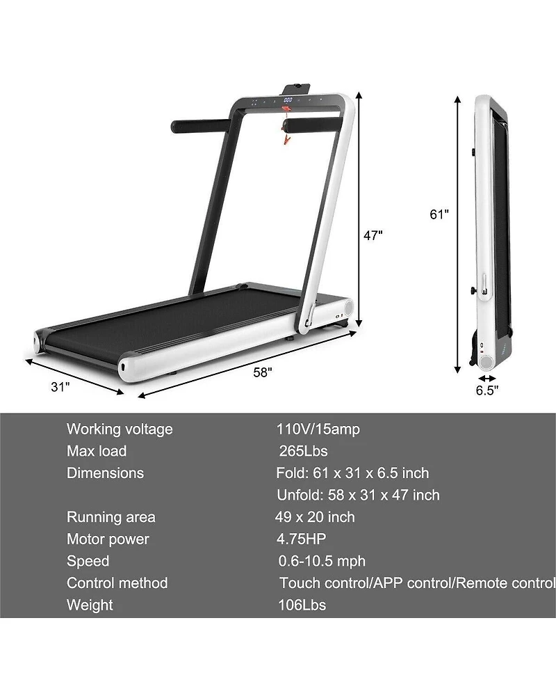 4.75HP 2 In 1 Folding Treadmill with Remote App Control-White