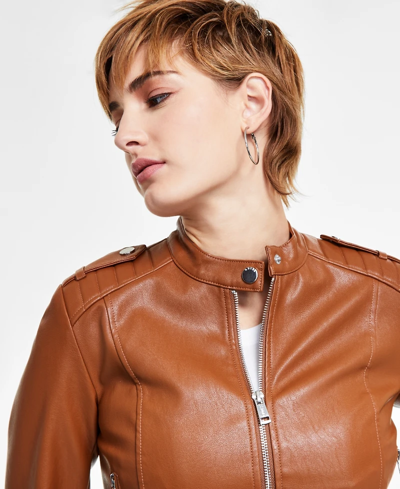 Guess Women's Faux-Leather Moto Jacket with Snap Collar