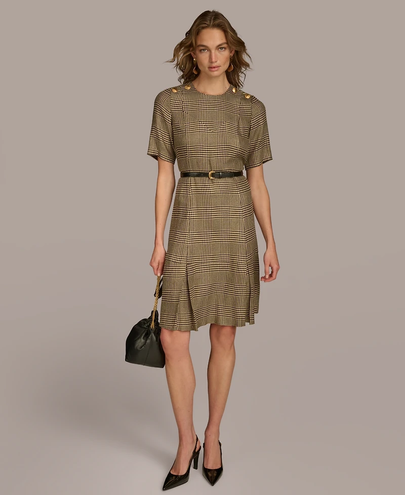 Donna Karan Women's Houndstooth Belted Short-Sleeve Dress