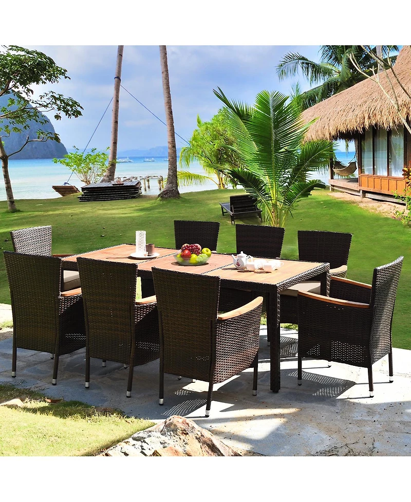 Sugift 9 Pieces Rattan Dining Set with Acacia Wood Table and Stackable Cushioned Chairs