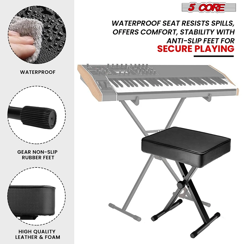 5 Core Keyboard Stand Double X Style Adjustable Piano Riser + Keyboard Piano Bench - Black