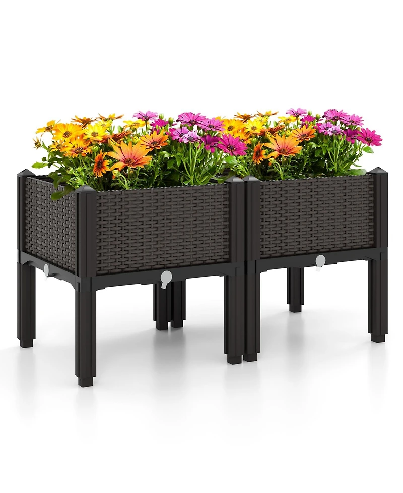 Skonyon 2 Set Elevated Plastic Raised Garden Bed Planter Kit for Flower Vegetable Grow-Brown
