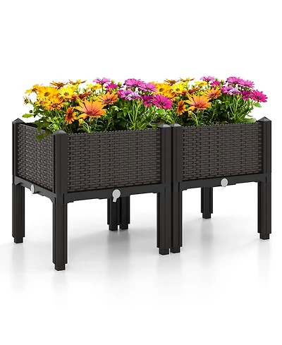Skonyon 2 Set Elevated Plastic Raised Garden Bed Planter Kit for Flower Vegetable Grow-Brown