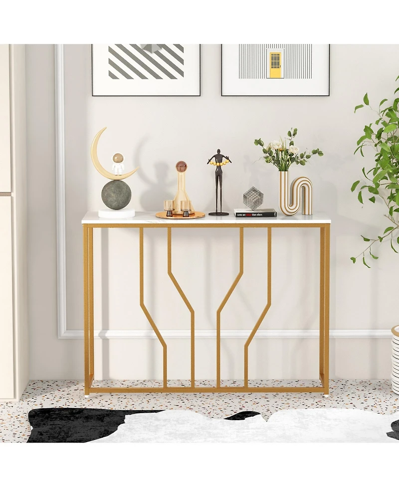 Sugift 44 Inch Modern White Entryway Table with Faux Marble Tabletop-White