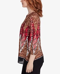 Ruby Rd. Petite Embellished Placket Decorative Border Print Knit Top with Three Quarter Balloon Sleeves