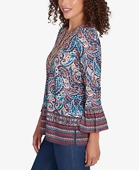 Ruby Rd. Petite Embellished Placket Paisley Print Slub Jersey Top